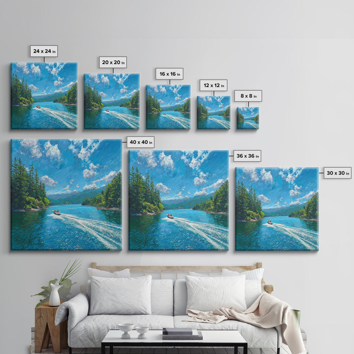 Boat On Mountain Lake Impressionist Landscape Wall Art, Turquoise Lake Painting Print, Nature Wall Art For Living Room Decor