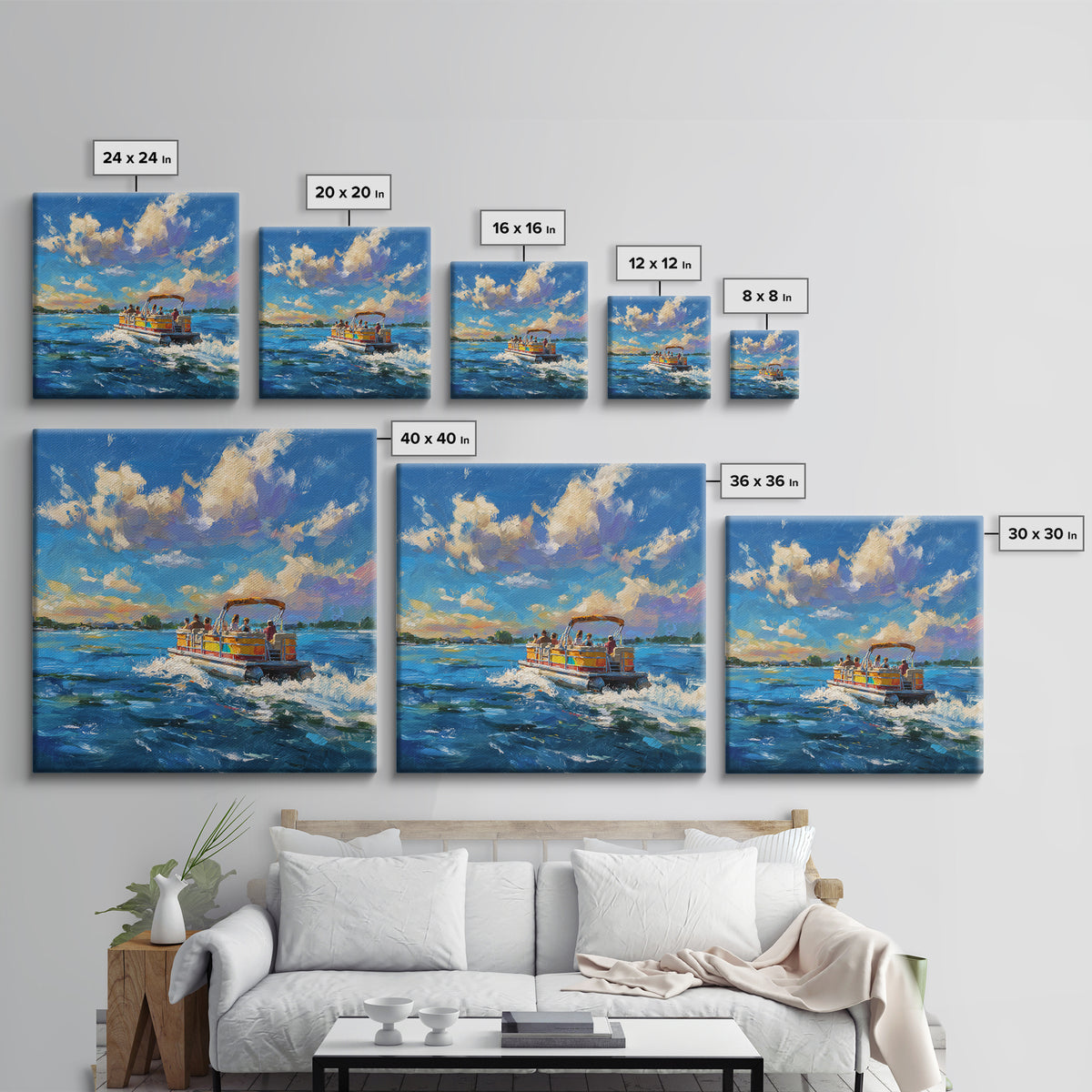 Sunny Boat Day Lake Oil Painting Wall Art, Colorful Coastal Art Print, Nautical Home Decor, Beach House Living Room Wall Art