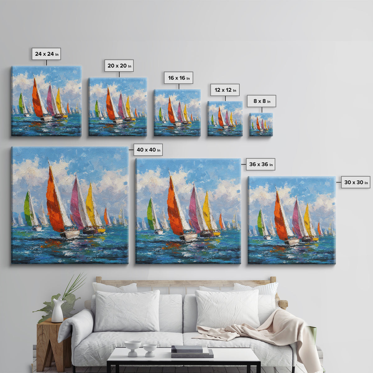 Colorful Sailboats Seascape Oil Painting Wall Art, Coastal Abstract Ocean Canvas Print, Beach House Decor Modern Nautical Art