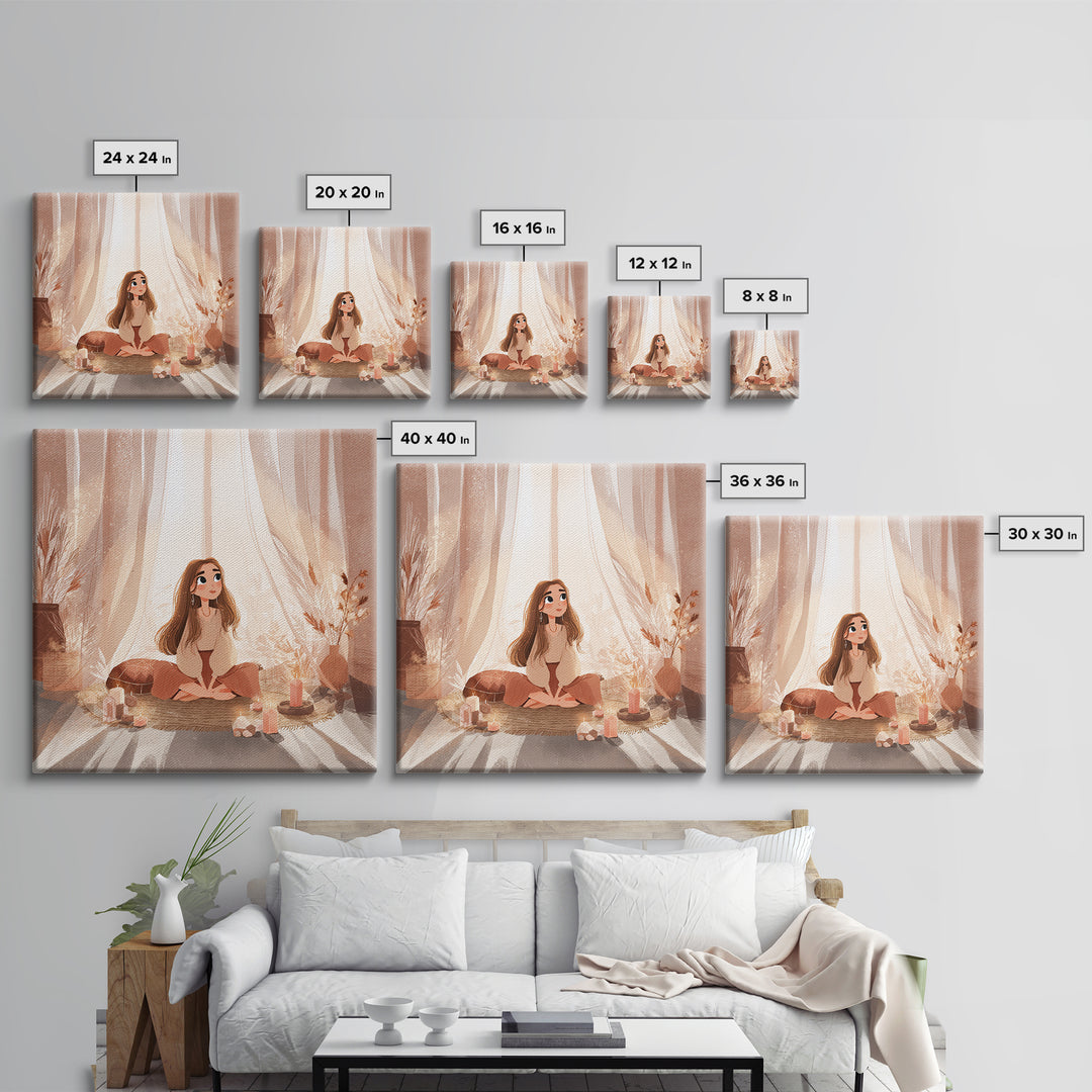 Cozy Meditation Girl With Candles Wall Art, Boho Spiritual Yoga Room Decor, Mindfulness Print, Peaceful Home Decor, Gift For Her