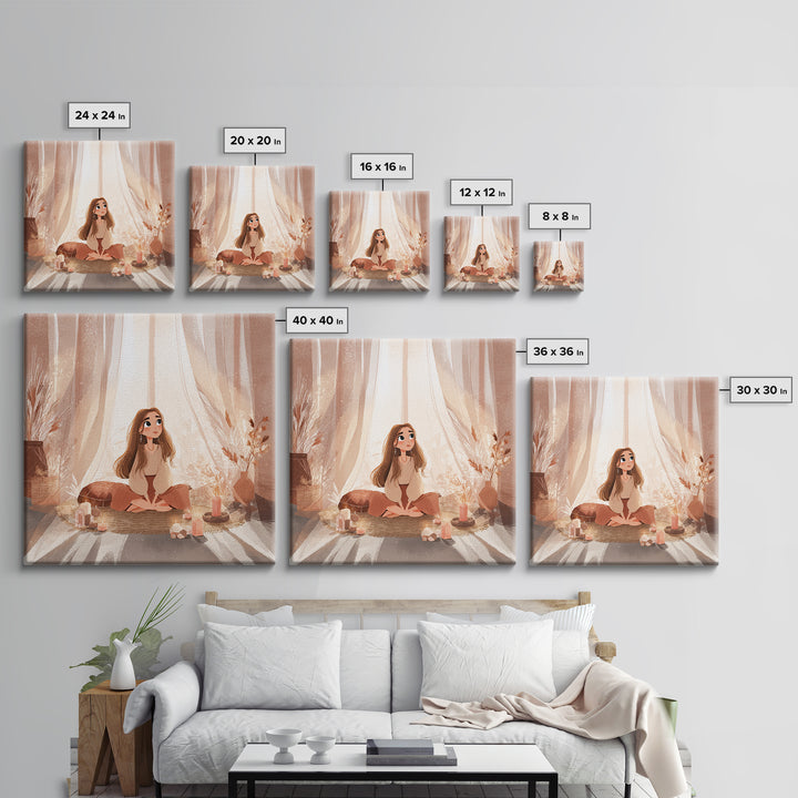 Cozy Meditation Girl With Candles Wall Art, Boho Spiritual Yoga Room Decor, Mindfulness Print, Peaceful Home Decor, Gift For Her
