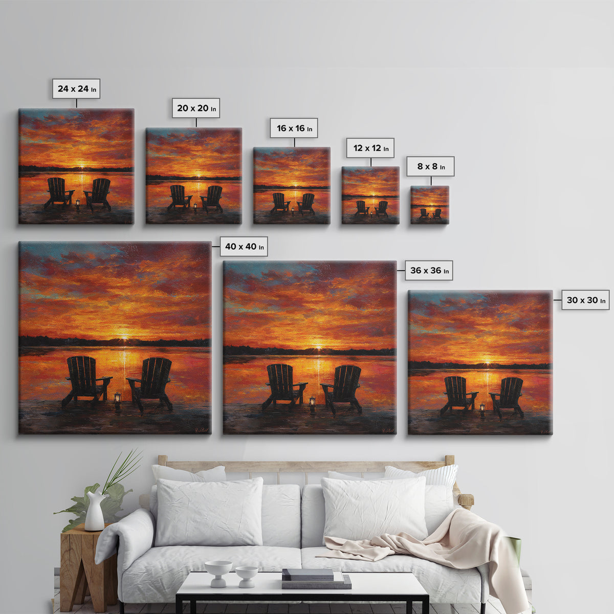 Romantic Lake Sunset Chairs Wall Art For Living Room Decor, Cozy Sunset Painting Canvas Print, Peaceful Landscape Art
