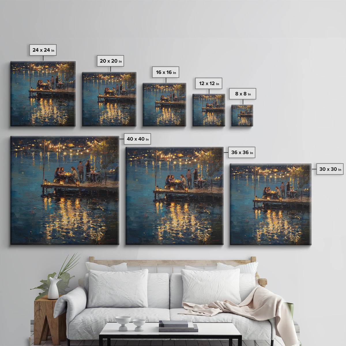 Romantic Lakeside Dinner Painting Wall Art, Warm Night Dock Scene Framed Canvas Print, Cozy Living Room And Dining Decor