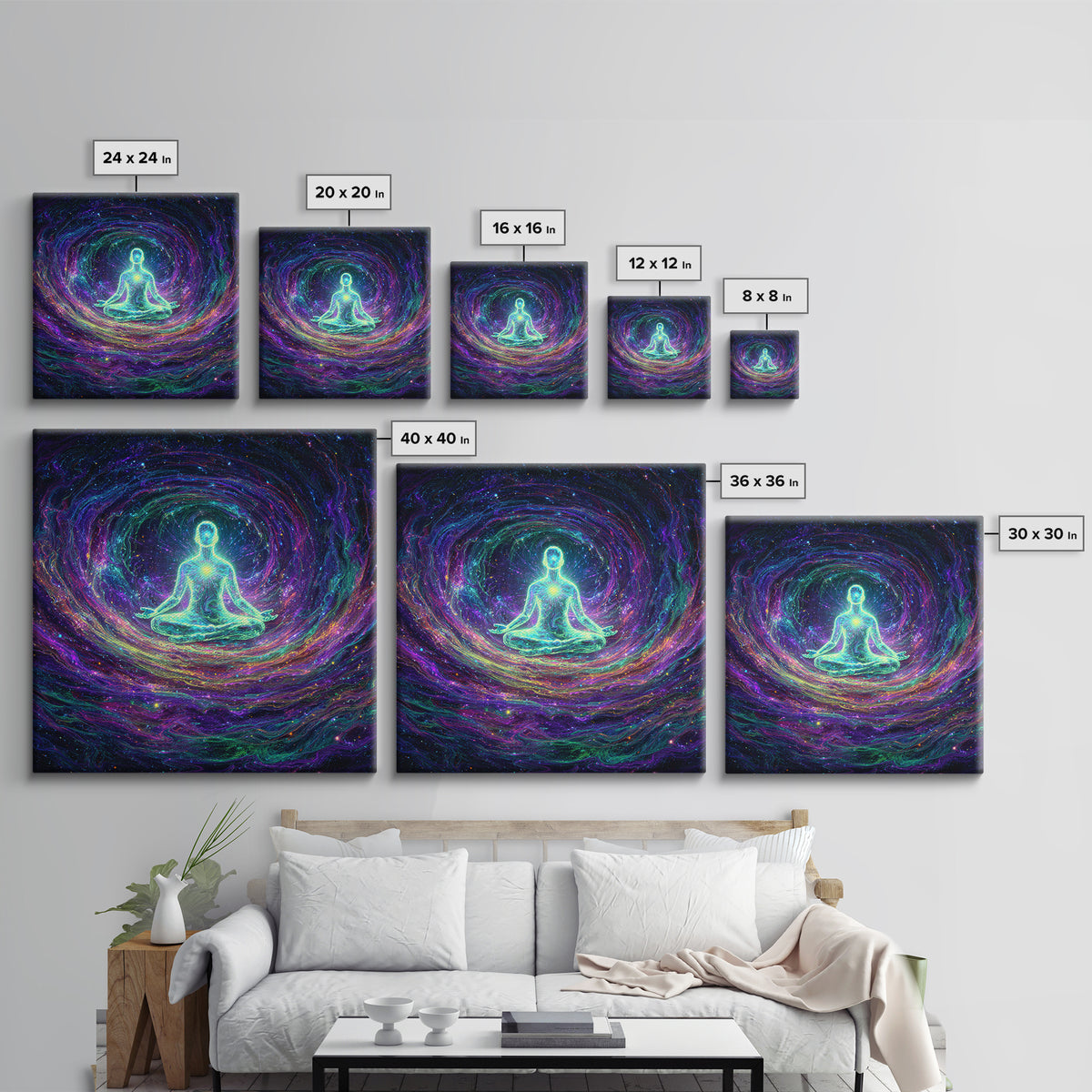Glowing Figure Meditating In Cosmic Swirl Wall Art, Psychedelic Galaxy Canvas Print, Spiritual Mystical Home Decor