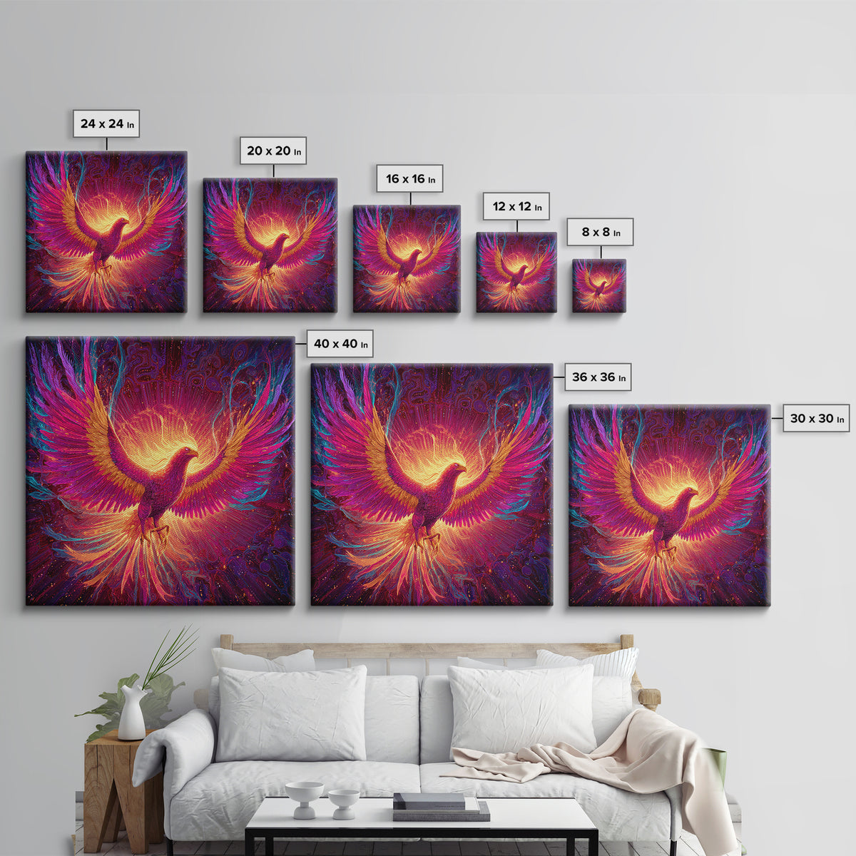 Radiant Phoenix With Fiery Wings Canvas Print, Mythical Bird Fantasy Wall Art, Vibrant Celestial Home Decor Gift For Living Room