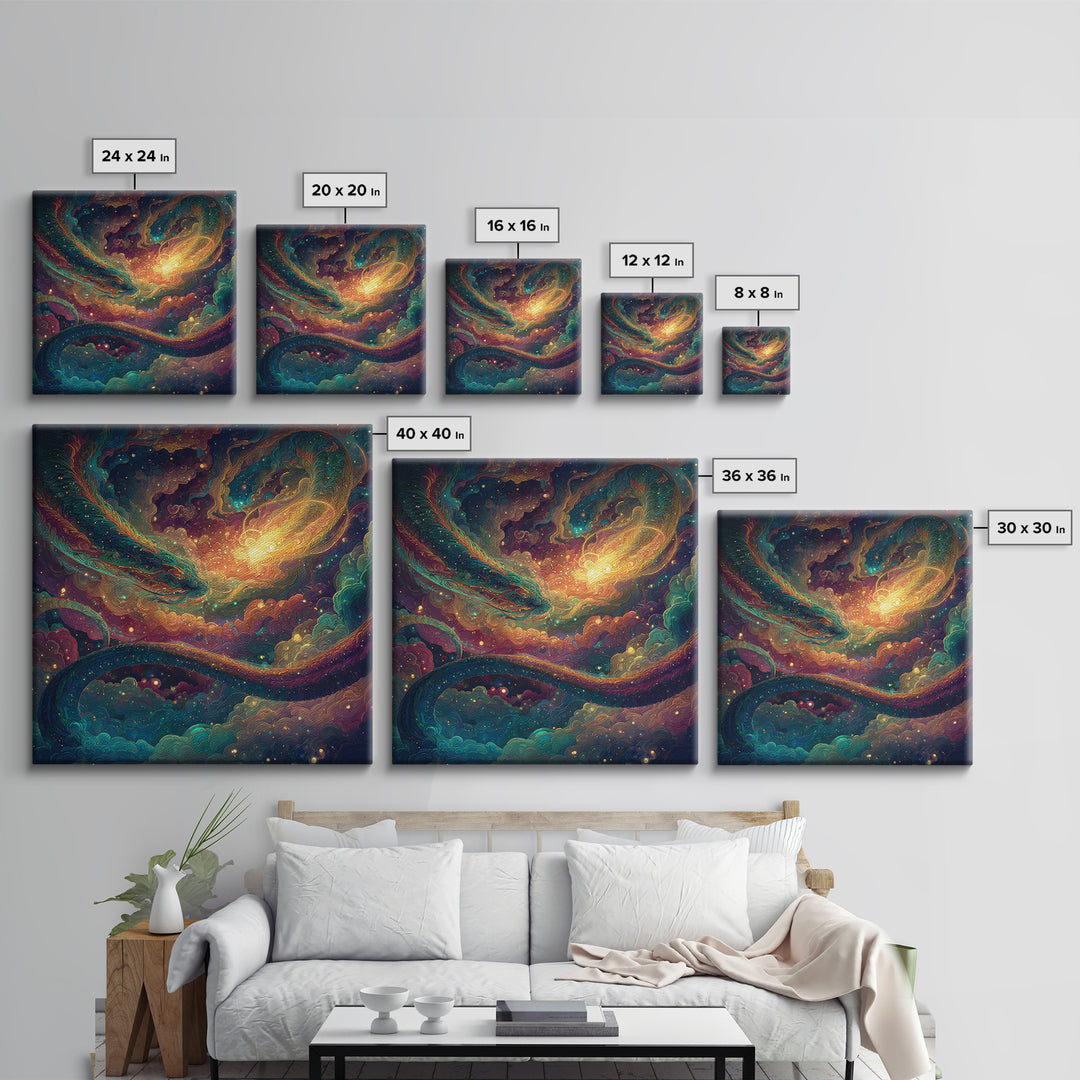 Cosmic Dragon And Phoenix Fantasy Wall Art, Colorful Celestial Galaxy Framed Canvas Print, Mystical Surreal Home Decor