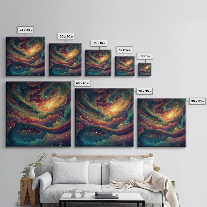 Cosmic Dragon And Phoenix Fantasy Wall Art, Colorful Celestial Galaxy Framed Canvas Print, Mystical Surreal Home Decor