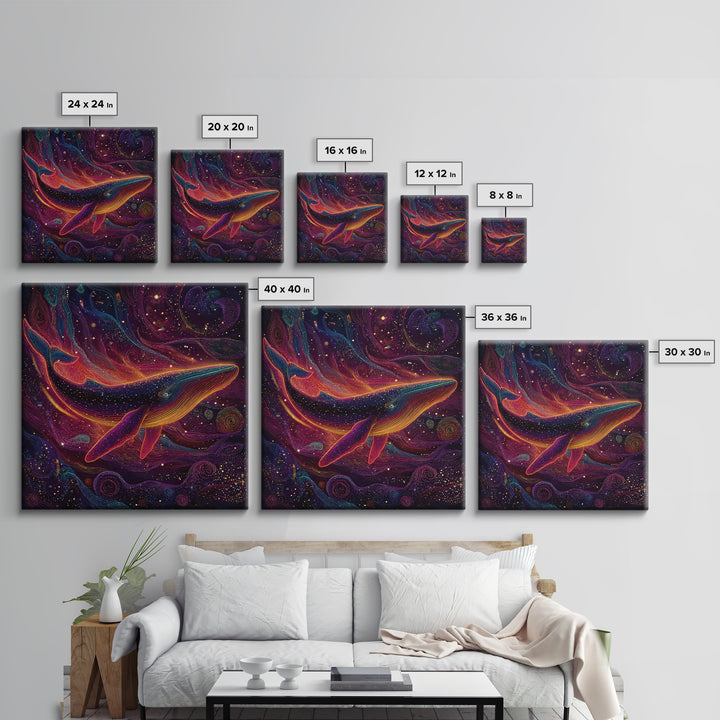 Colorful Cosmic Whale Swimming In Galaxy Wall Art, Psychedelic Space Art Print, Fantasy Ocean Decor, Kids Room Canvas Print