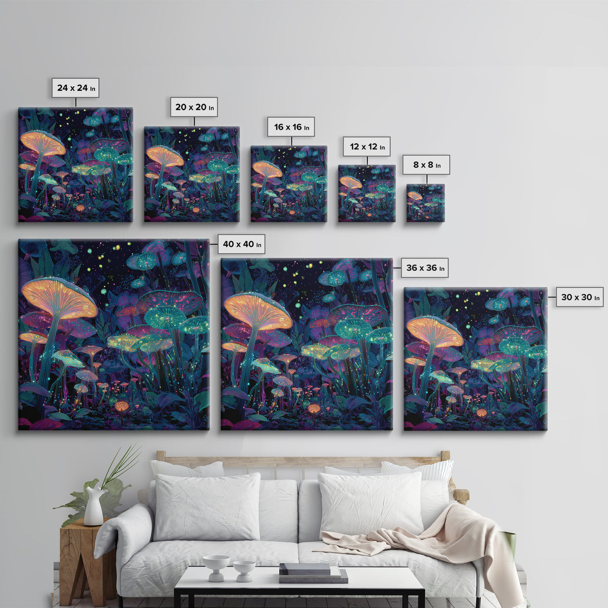 Glowing Mushrooms Fantasy Forest Wall Art, Whimsical Night Garden Painting, Colorful Nature Art Print, Magical Canvas Print