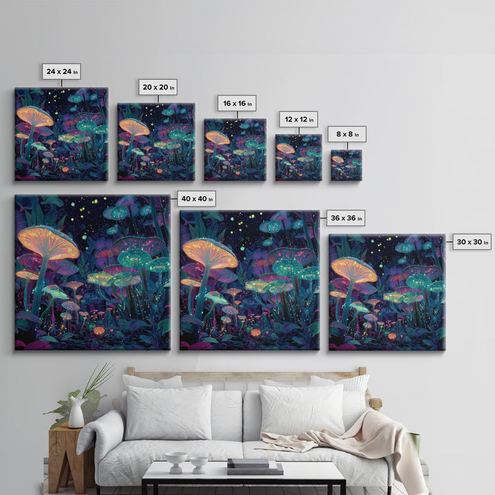 Glowing Mushrooms Fantasy Forest Wall Art, Whimsical Night Garden Painting, Colorful Nature Art Print, Magical Canvas Print
