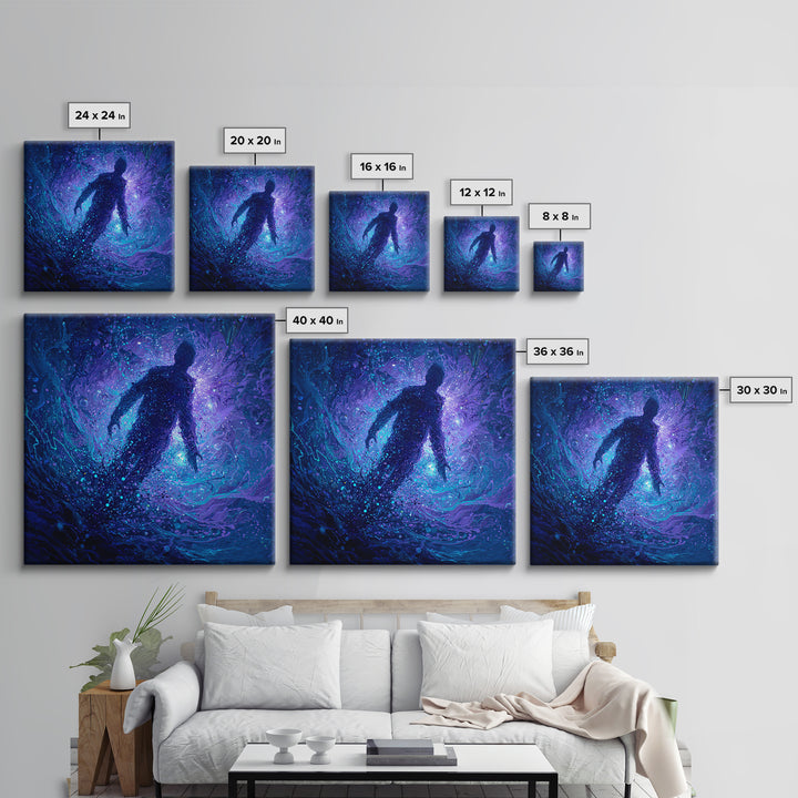 Surreal Figure Floating In Cosmic Blue Swirl Canvas Print, Abstract Space Art, Mystical Wall Art For Modern Living Room Decor
