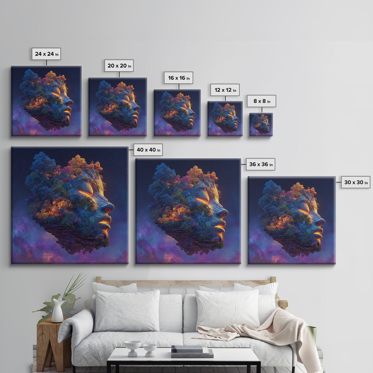 Cosmic Mother Earth Face Wall Art, Fantasy Floating Island Landscape Canvas Print, Vibrant Galaxy Home Decor