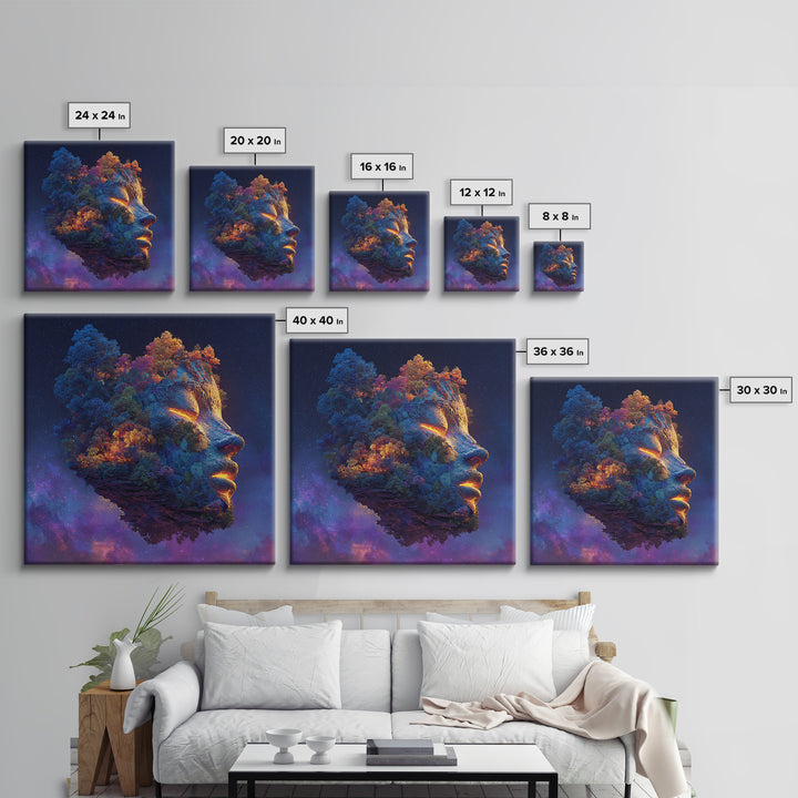 Cosmic Mother Earth Face Wall Art, Fantasy Floating Island Landscape Canvas Print, Vibrant Galaxy Home Decor