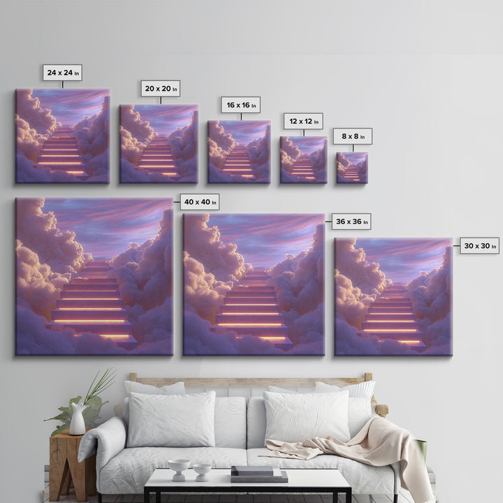 Glowing Stairway Through Pastel Clouds Wall Art, Dreamy Celestial Canvas Print, Calming Bedroom Decor For Nursery And Meditation Room