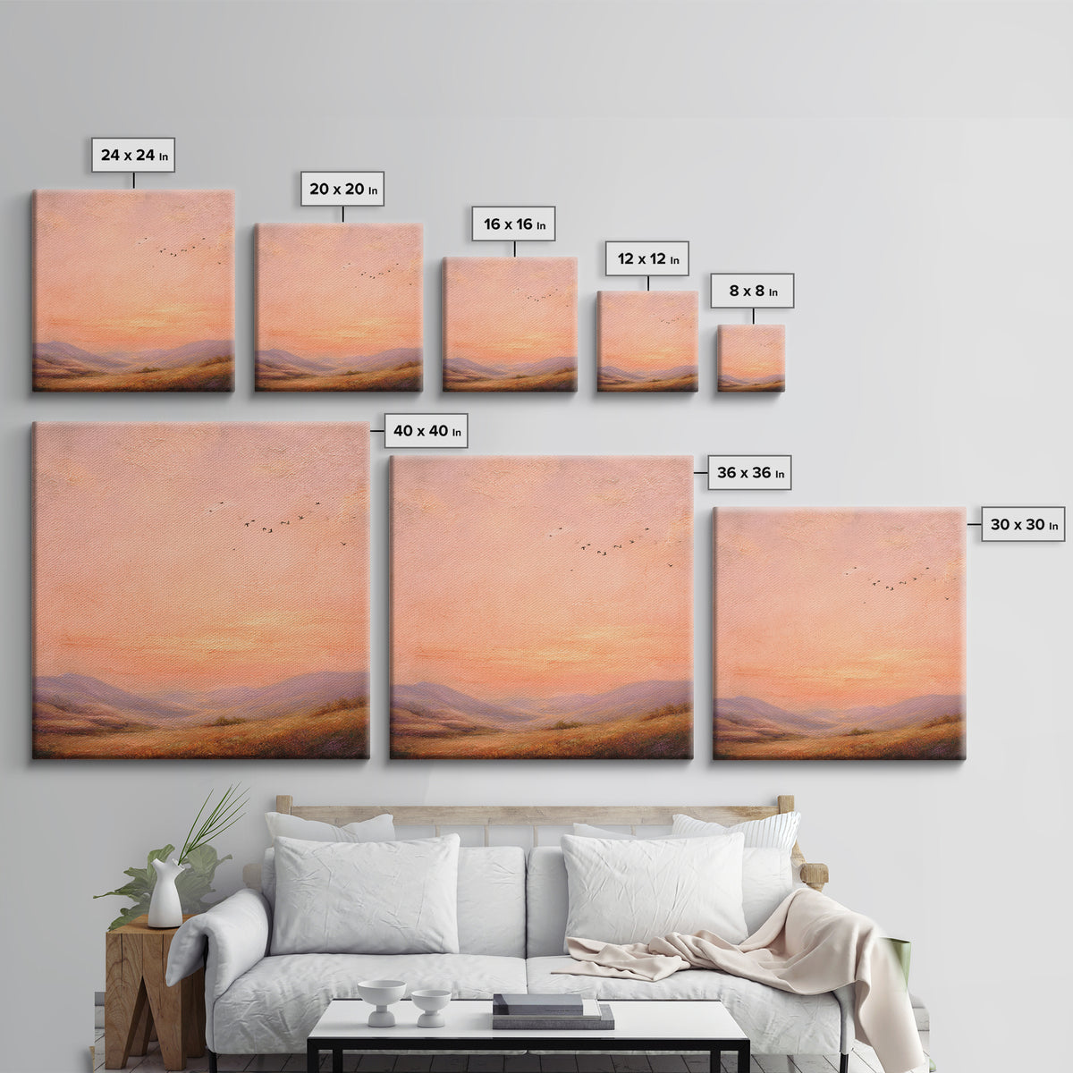 Peach Sunset Valley Landscape Wall Art, Textured Oil Painting Print, Warm Nature Decor, Large Living Room Canvas Wall Decor