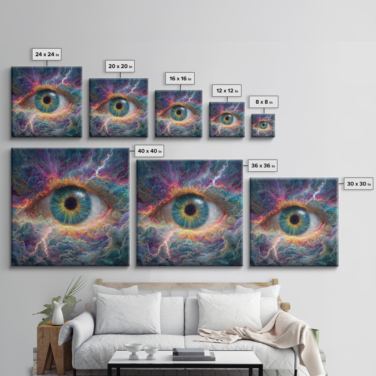 Cosmic Eye In Storm Clouds Framed Canvas Print, Surreal Celestial Wall Art, Psychedelic Visionary Decor For Office And Living Room