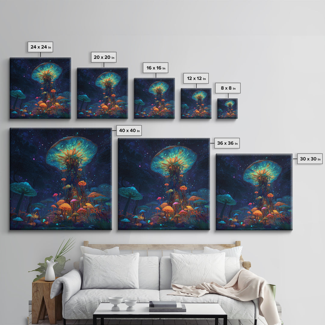 Enchanted Bioluminescent Mushroom Forest Wall Art, Vibrant Fantasy Landscape Canvas Print, Whimsical Nature Home Decor
