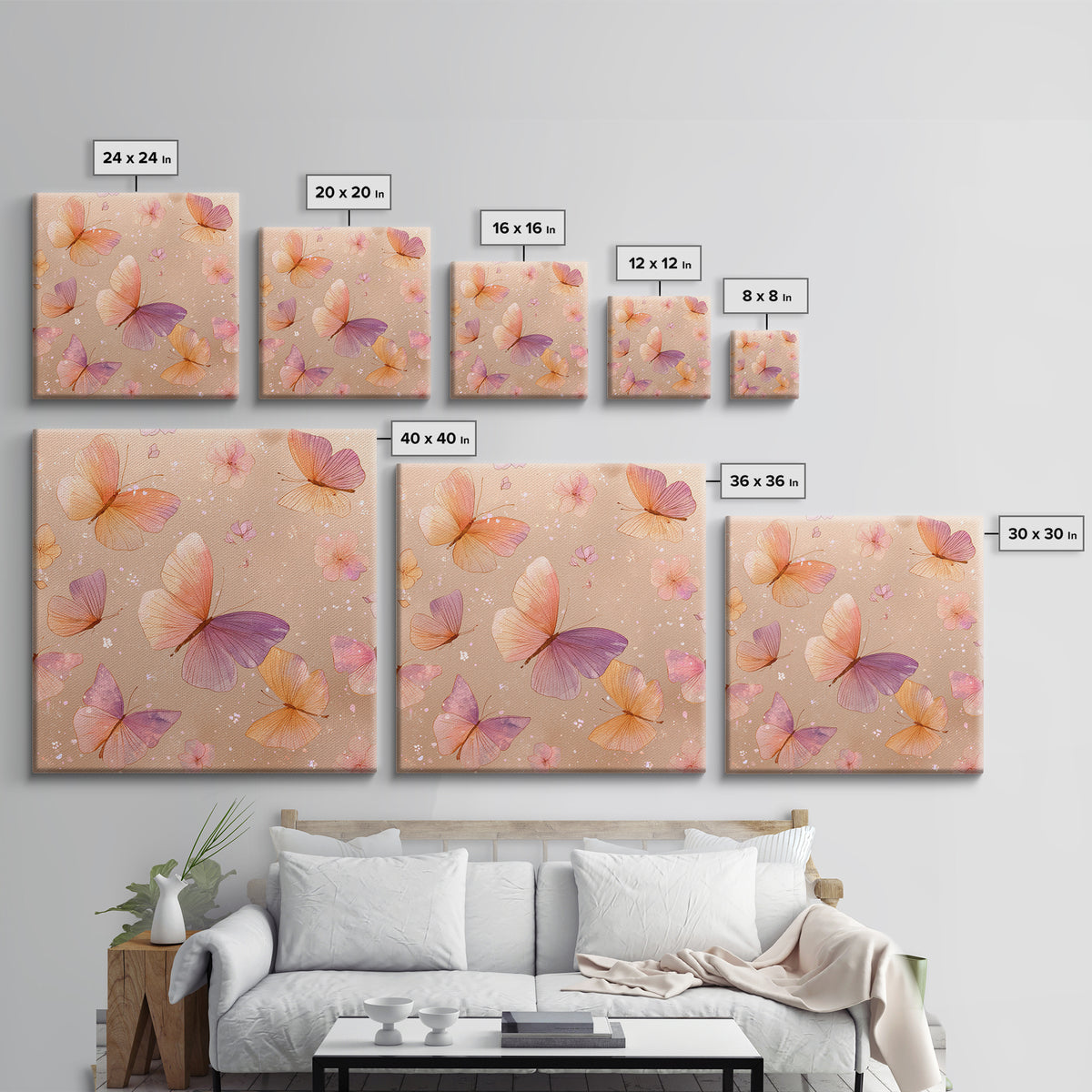 Pink Orange Butterfly Garden Wall Art, Whimsical Floral Canvas Print, Feminine Nursery Decor, Cute Girls Room Art, Gift For Her