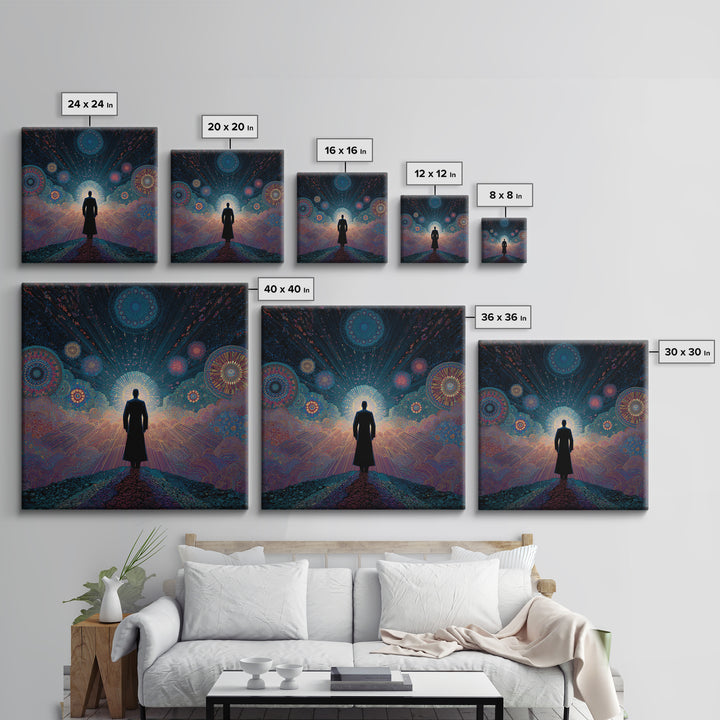 Mystical Figure Under Cosmic Sky Wall Art, Psychedelic Galaxy Path Print, Spiritual Visionary Surreal Art Canvas Print
