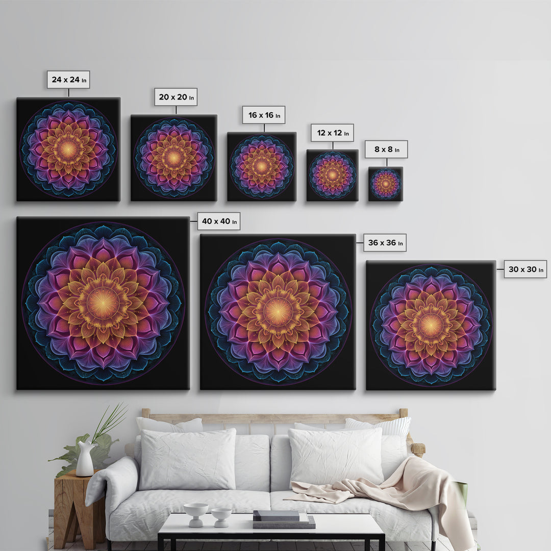 Rainbow Lotus Mandala Abstract Wall Art, Colorful Sacred Geometry Canvas Print, Boho Meditation Room Decor Spiritual Art