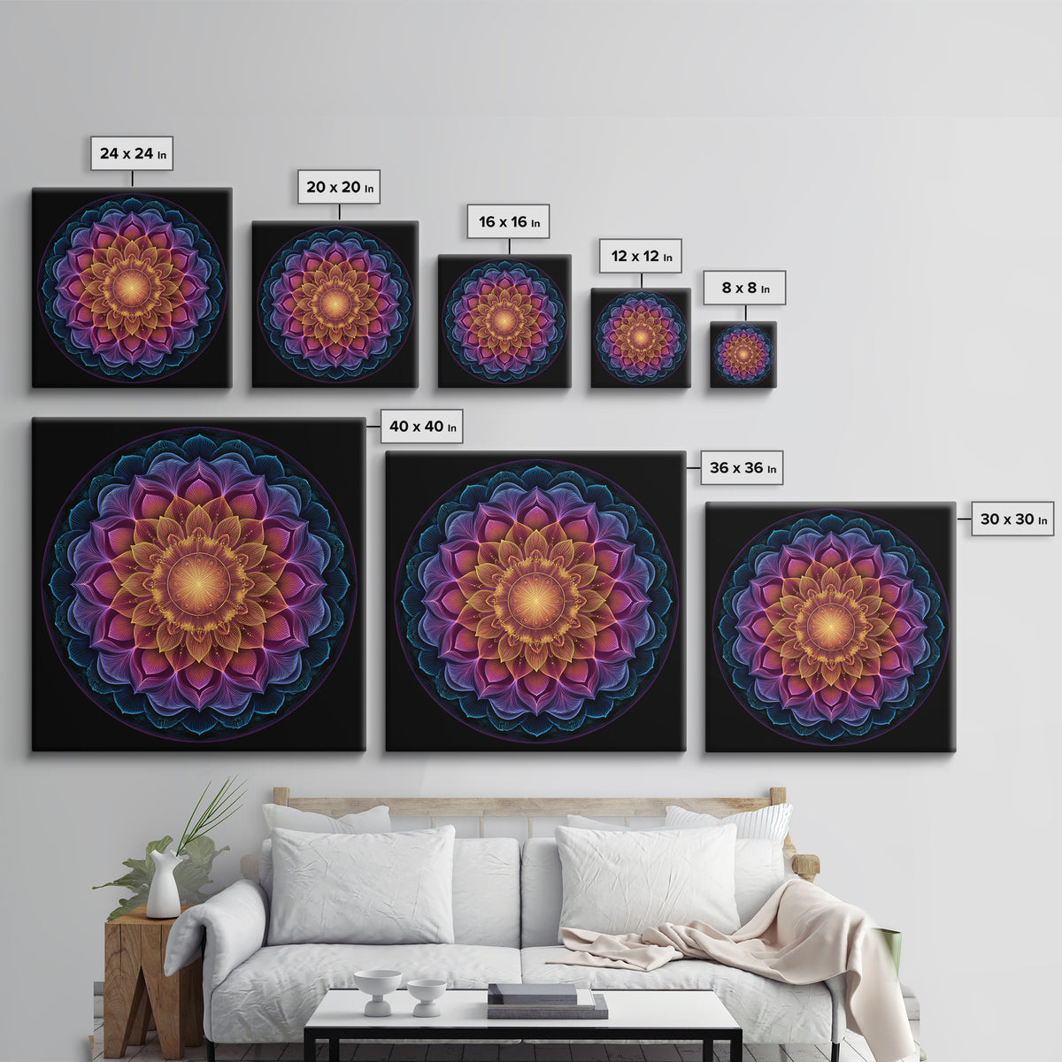 Rainbow Lotus Mandala Abstract Wall Art, Colorful Sacred Geometry Canvas Print, Boho Meditation Room Decor Spiritual Art