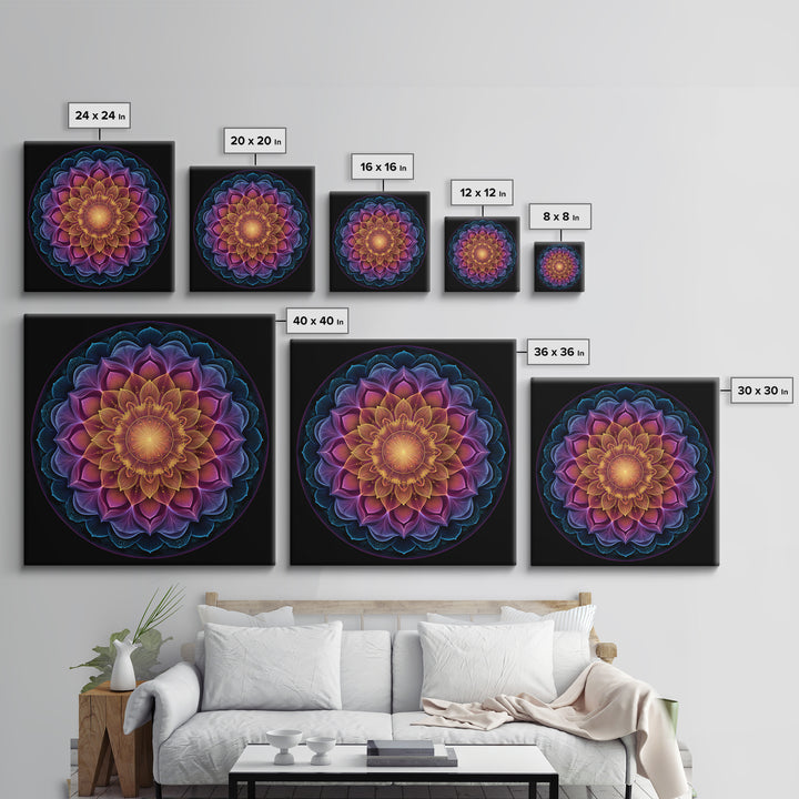 Rainbow Lotus Mandala Abstract Wall Art, Colorful Sacred Geometry Canvas Print, Boho Meditation Room Decor Spiritual Art