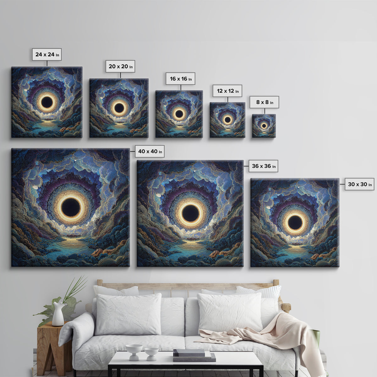 Mystic Solar Eclipse Over Blue Valley Framed Canvas Print, Celestial Landscape Wall Art, Moody Fantasy Home Decor For Bedroom
