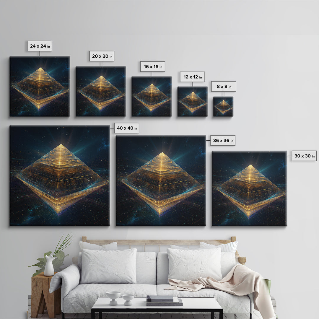 Golden Futuristic Pyramid In Galaxy Surreal Space Wall Art, Cosmic Sci Fi Home Decor, Modern Canvas Print