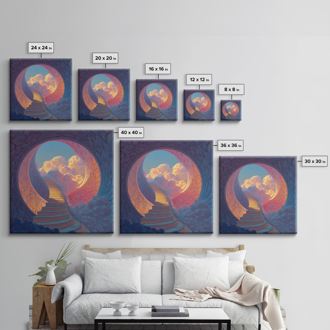 Heavenly Stairway To Clouds Wall Art, Dreamy Fantasy Landscape Canvas Print, Calming Surreal Art For Bedroom Decor