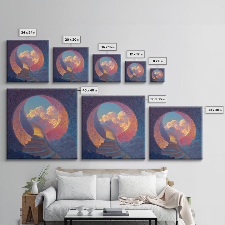 Heavenly Stairway To Clouds Wall Art, Dreamy Fantasy Landscape Canvas Print, Calming Surreal Art For Bedroom Decor
