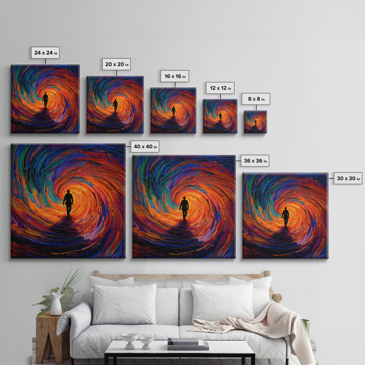 Man Walking Into Vortex Abstract Wall Art, Colorful Surreal Tunnel Painting, Modern Abstract Art Print, Statement Canvas Print