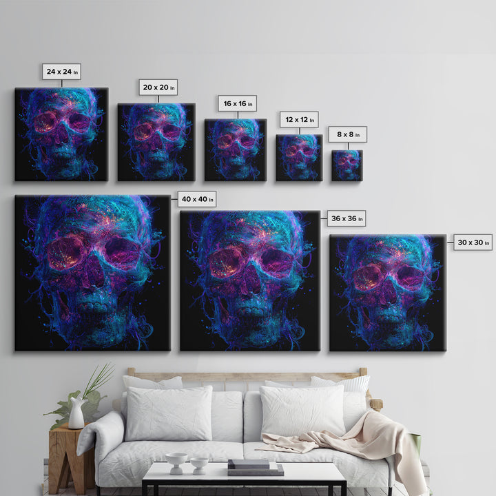 Neon Cosmic Skull Wall Art, Psychedelic Galaxy Bones Canvas Print, Dark Surreal Abstract Art For Gaming Room Or Modern Home Decor