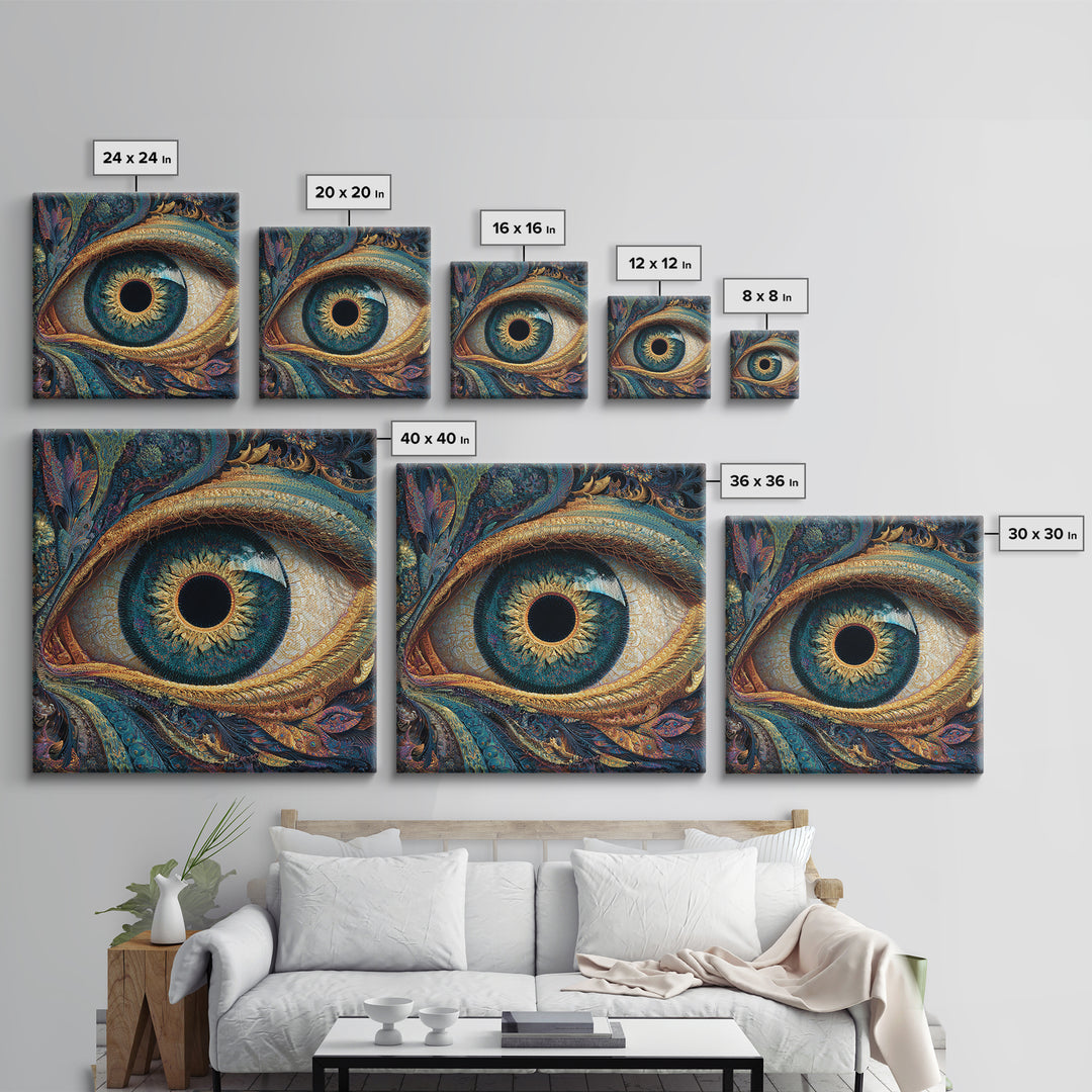 Surreal Golden Eye With Intricate Abstract Patterns Wall Art, Mystical Fantasy Canvas Print For Modern Home Decor