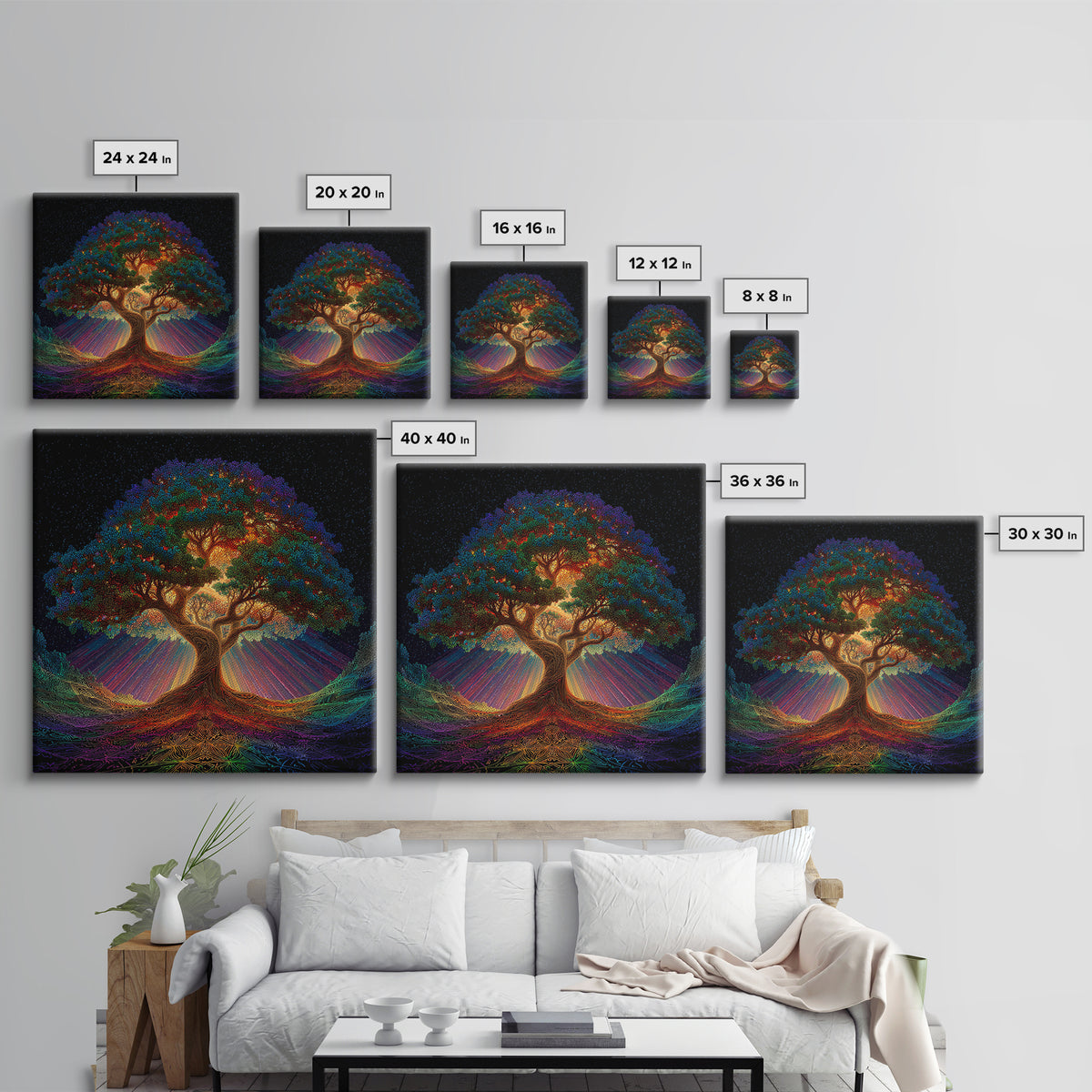 Rainbow Tree Of Life Under Starry Sky Psychedelic Landscape Wall Art Canvas Print Boho Spiritual Home Decor