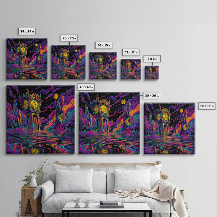 Surreal Neon Clock Dreamscape Wall Art, Psychedelic Abstract Landscape Canvas Print, Colorful Trippy Home Decor