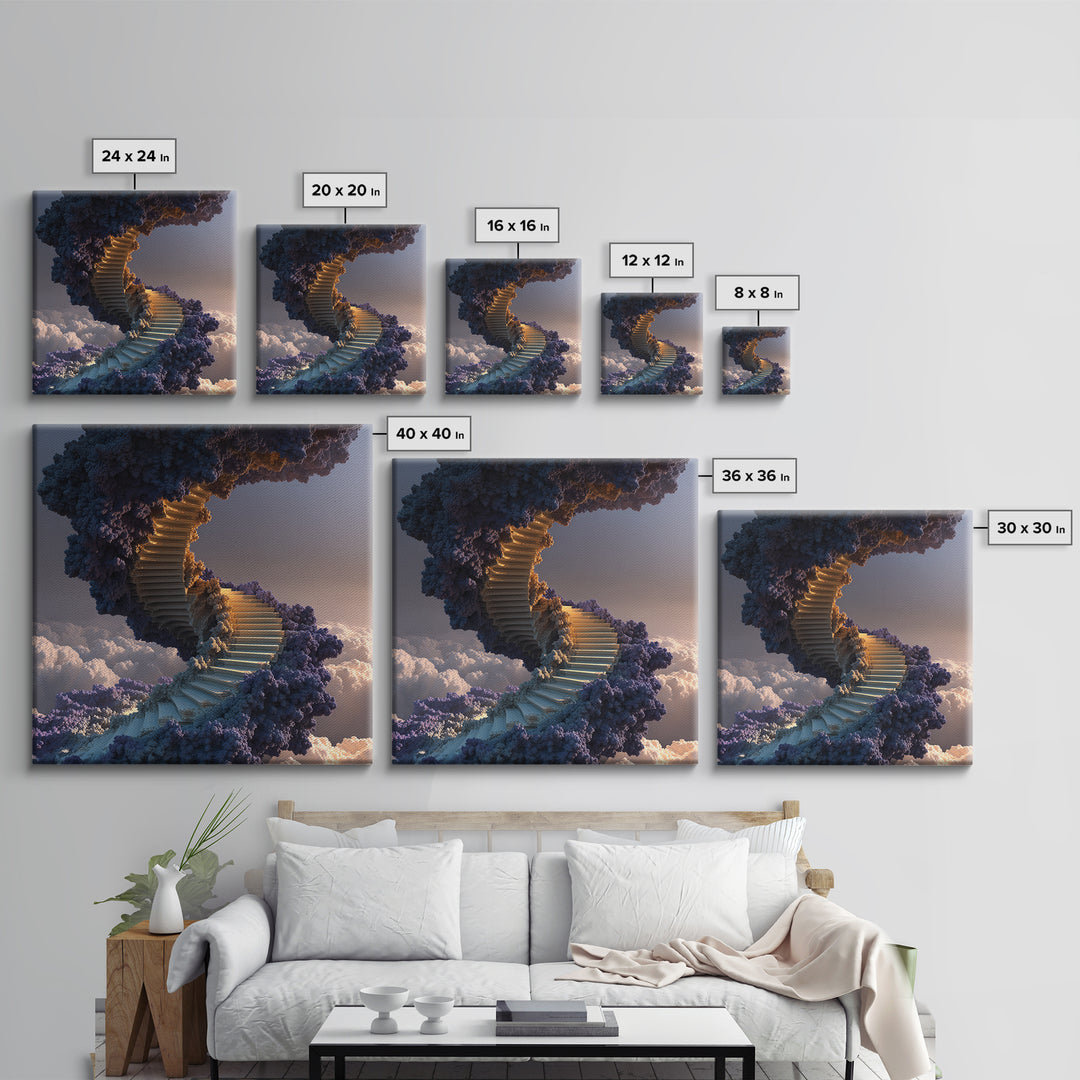 Surreal Staircase Through Clouds Canvas Print, Dreamy Sky Landscape, Whimsical Wall Art For Bedroom Or Living Room Decor