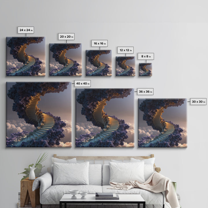 Surreal Staircase Through Clouds Canvas Print, Dreamy Sky Landscape, Whimsical Wall Art For Bedroom Or Living Room Decor