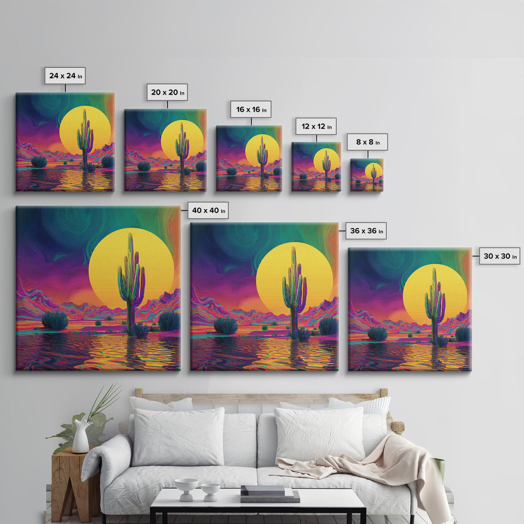 Psychedelic Desert Cactus Wall Art, Vibrant Sunset Landscape Canvas Print, Colorful Boho Western Home Decor