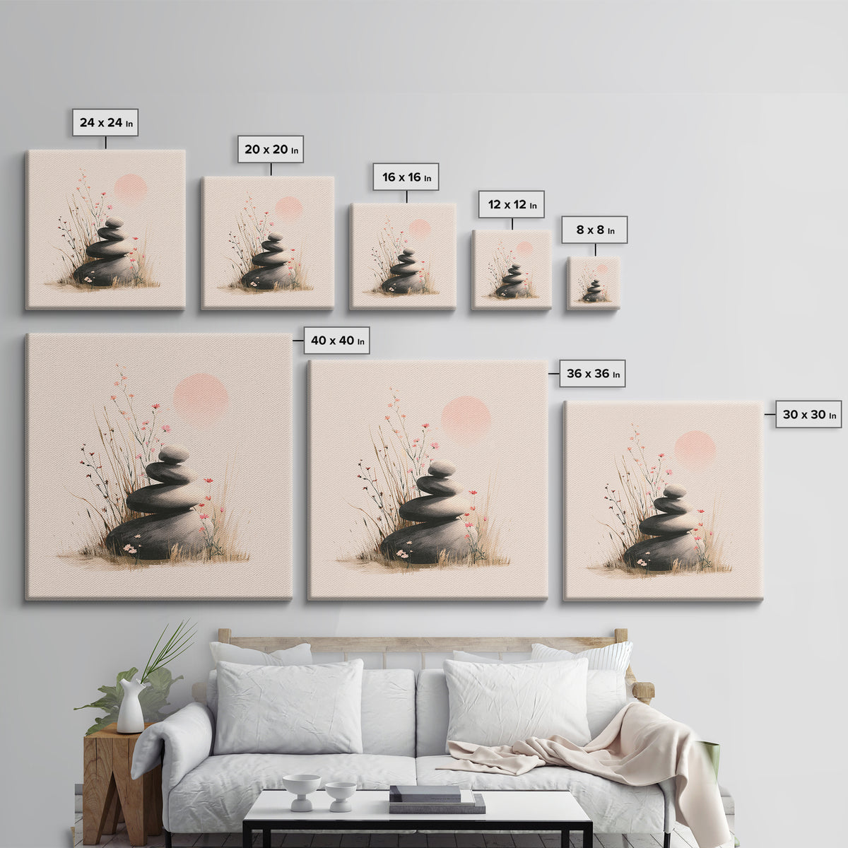 Zen Stacked Stones And Wildflowers Wall Art, Minimalist Meditation Canvas Print, Japandi Spa Decor, Calming Gift For Her