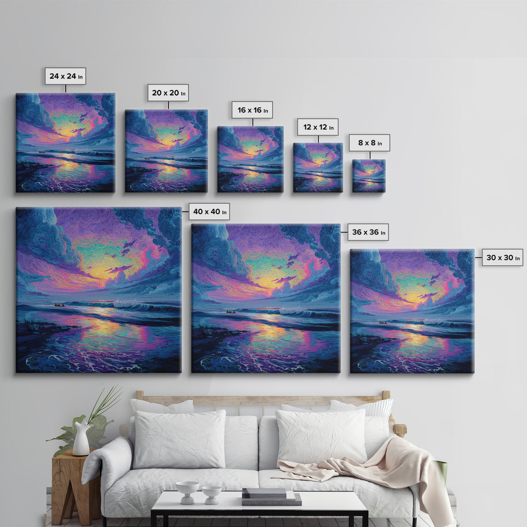 Psychedelic Ocean Sunset Waves Colorful Wall Art Print, Abstract Seascape Painting, Modern Coastal Home Decor Wall Art