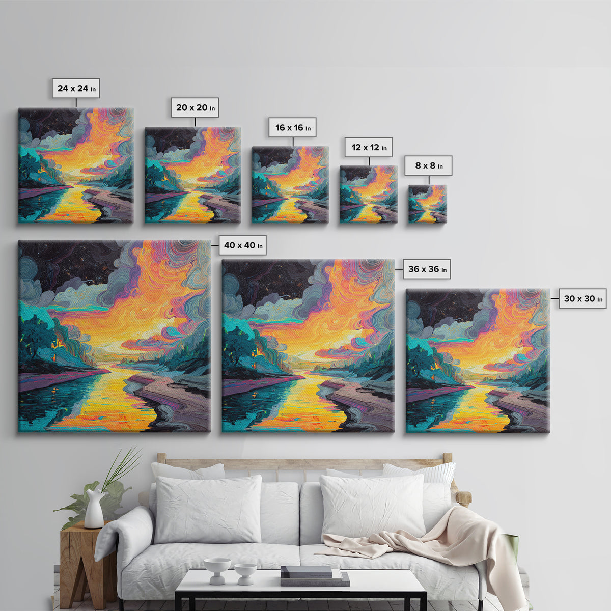 Psychedelic River Sunset Wall Art, Colorful Abstract Landscape Painting, Modern Boho Home Decor, Living Room Canvas Print
