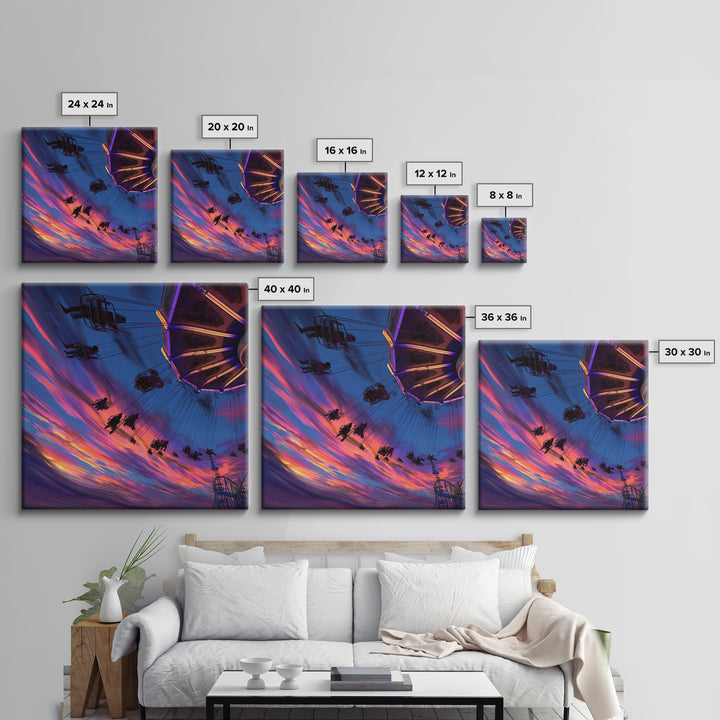 Dynamic Amusement Park Swing Ride Sunset Scene Vibrant Abstract Wall Art Framed Canvas Print For Living Room