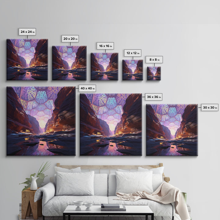 Surreal Canyon With Stained Glass Sky Wall Art, Colorful Fantasy Landscape Canvas Print, Unique Home Decor