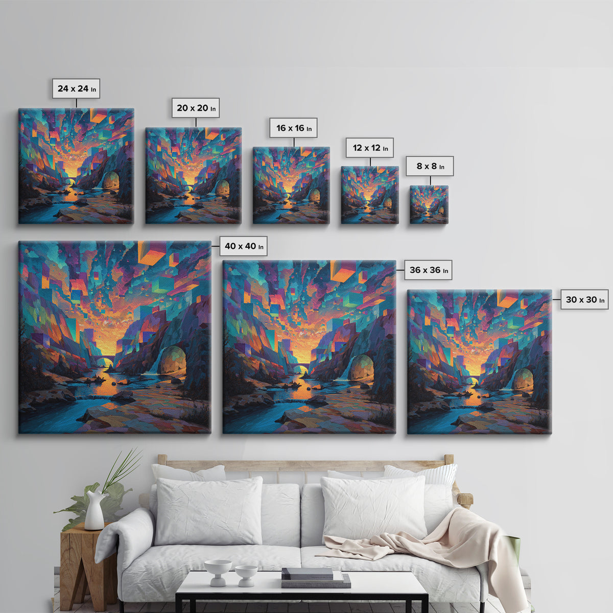 Surreal Canyon With Floating Cubes Canvas Print, Colorful Abstract Landscape Wall Art, Fantasy Home Decor, Modern Art Gift
