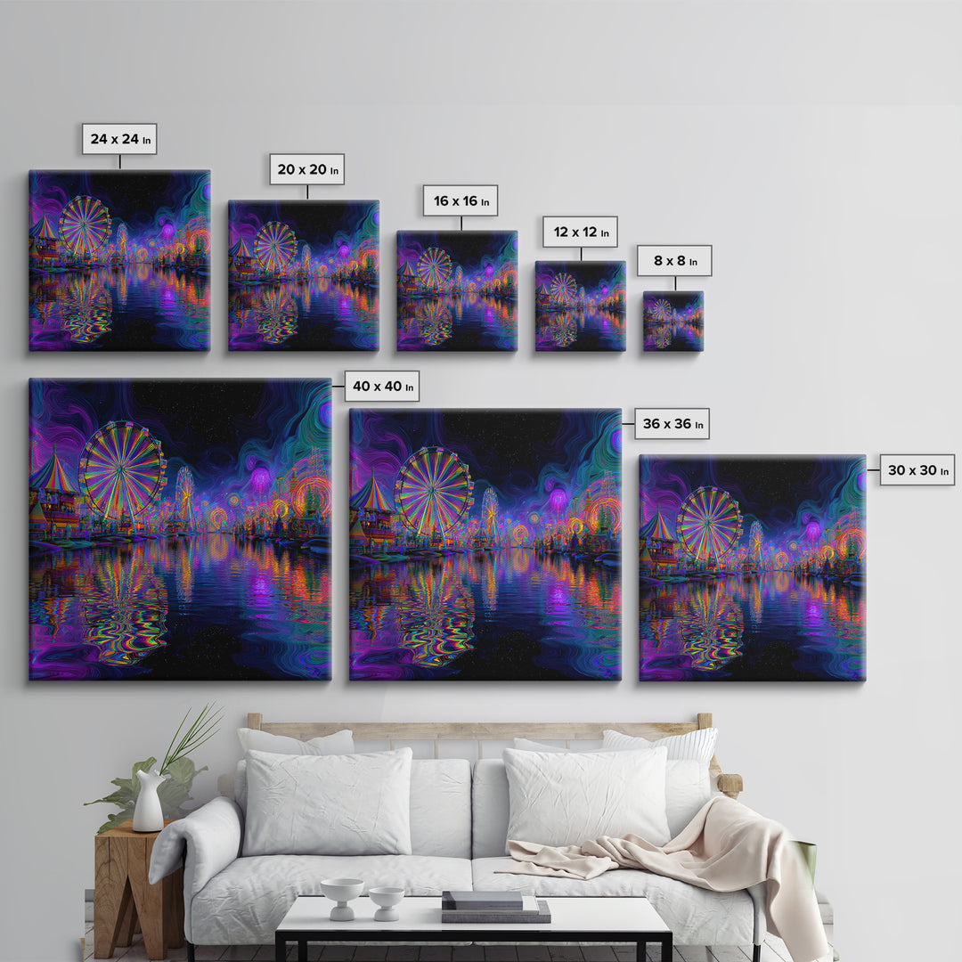 Neon Carnival At Night Abstract Wall Art, Psychedelic Ferris Wheel Canvas Print, Colorful Dopamine Decor Gaming Room Art