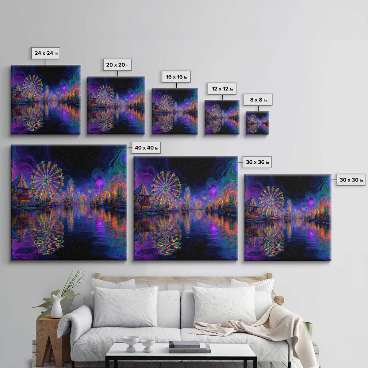 Neon Carnival At Night Abstract Wall Art, Psychedelic Ferris Wheel Canvas Print, Colorful Dopamine Decor Gaming Room Art