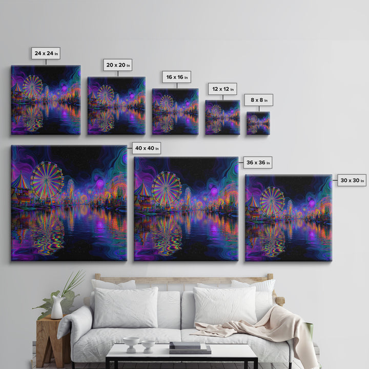 Neon Carnival At Night Abstract Wall Art, Psychedelic Ferris Wheel Canvas Print, Colorful Dopamine Decor Gaming Room Art