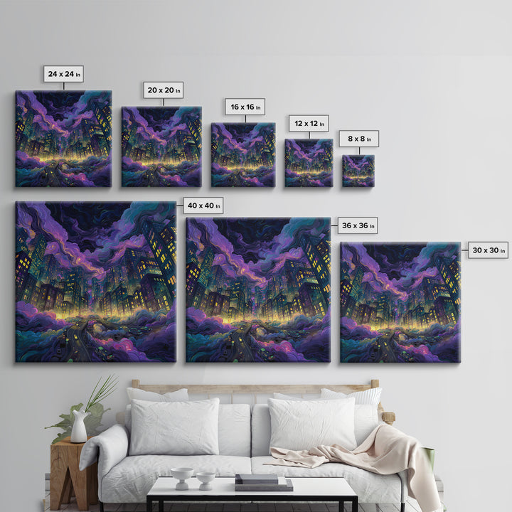 Neon Cityscape Night Sky Wall Art Colorful Futuristic Skyline Canvas Print Gaming Room Decor Sci Fi Wall Art