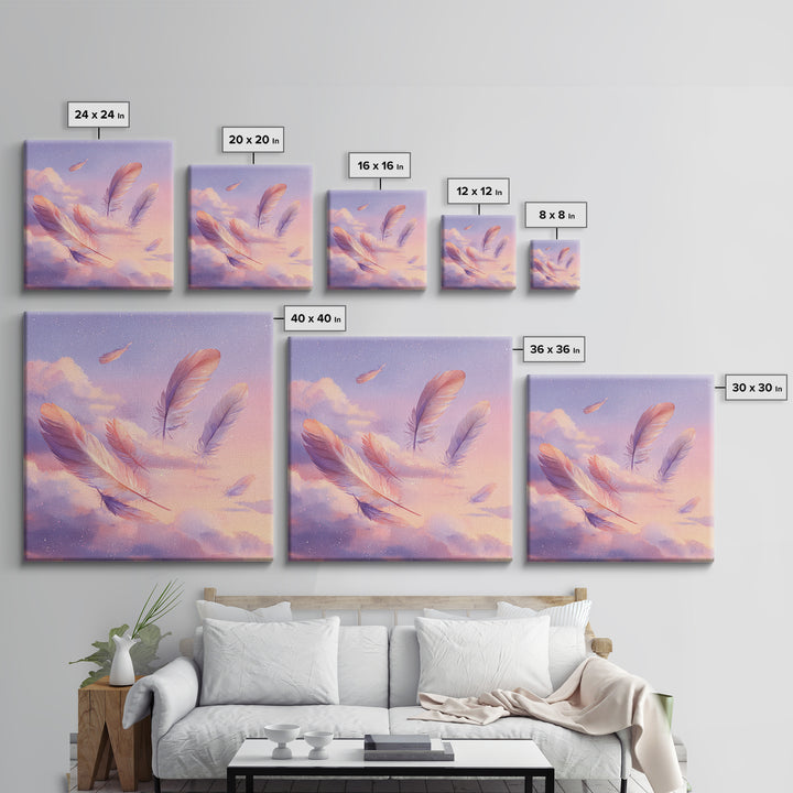Floating Pink Feathers Wall Art, Dreamy Celestial Canvas Print, Pastel Cloud Decor, Whimsical Nursery Bedroom Gift For Her