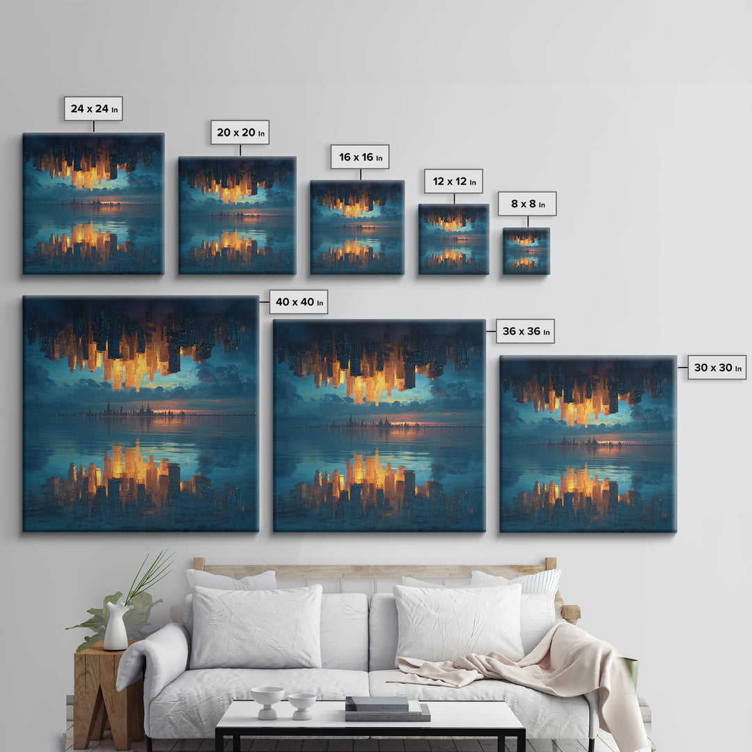 Upside Down Skyline Reflected On Water Wall Art, Surreal Cityscape Canvas Print, Modern Urban Decor For Living Room And Office